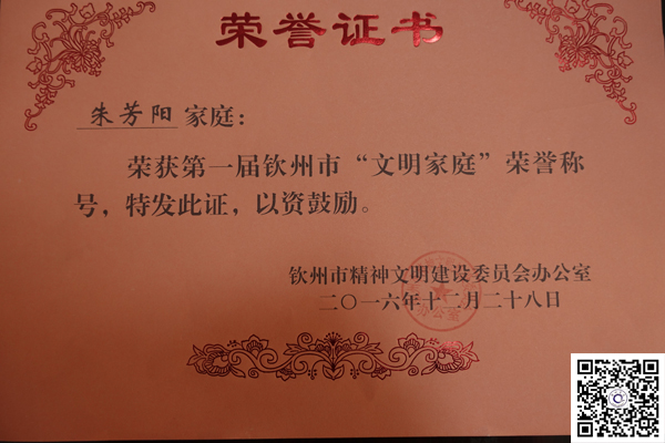 喜讯：我校教师朱芳阳、庞庭才、马新宇、邓冬玲四个家庭荣获钦州市第一届“文明家庭”荣誉称号